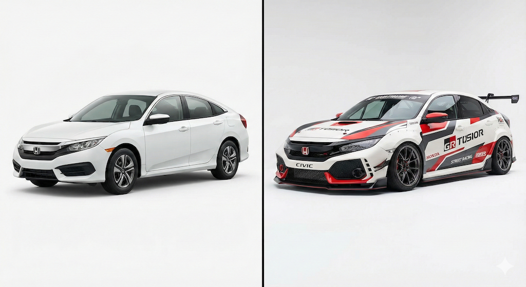 Platform design comparison showing stock vs modified Honda Civic demonstrating the Iron Triangle principles