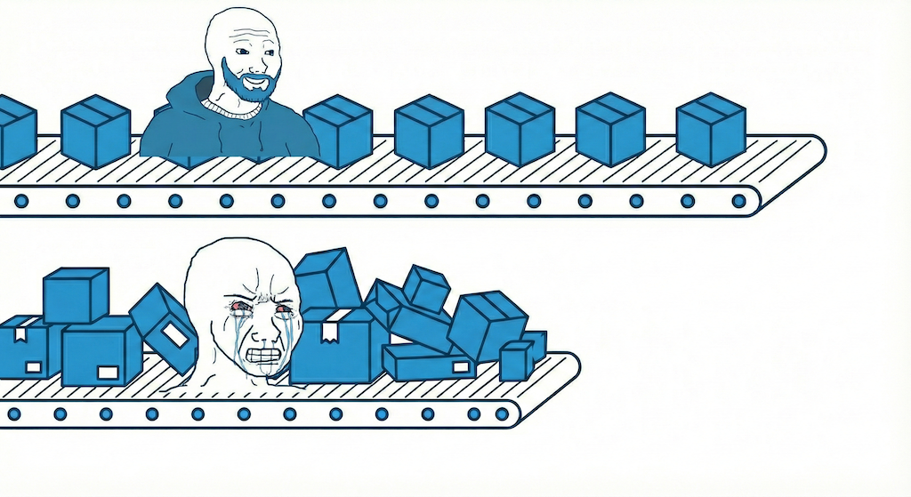 Software architecture batch size illustration showing uniform task flow versus variable task bottlenecks